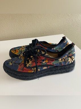 Gianno Espadrilles Black Multi Floral Print Canvas Round Toe Lace Up EU38/US7.5